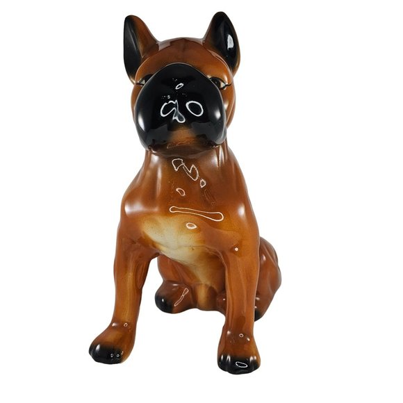 Vintage Boxer Dog Piggy Bank Ceramic Large 13" Bulldog Figurine Brown Black - Picture 2 of 12